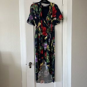 Alice + Olivia Navy Floral Clarine Faux Wrap Casual Maxi Dress